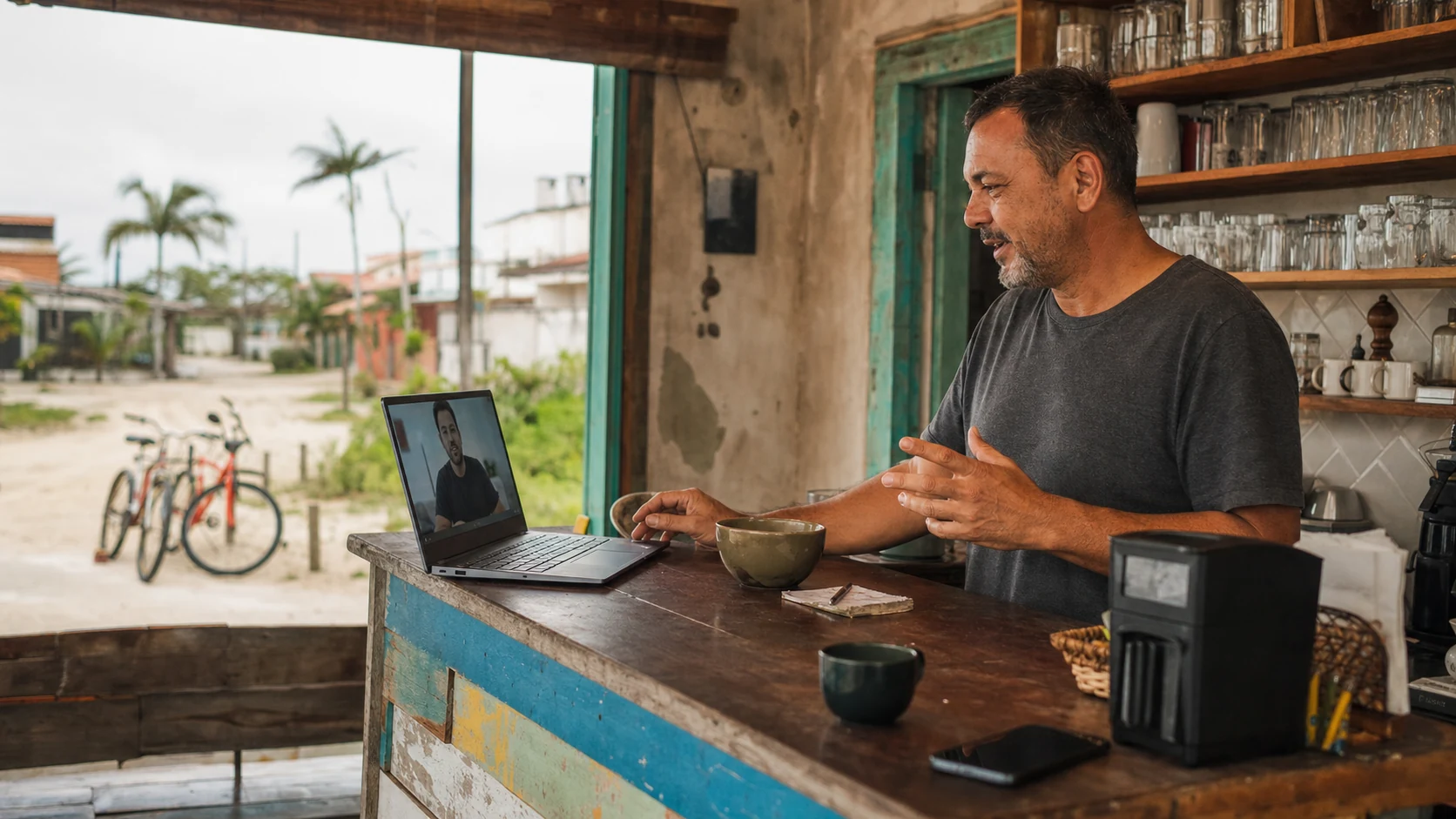 Comerciante de Itapoá conversa por videochamada com gestor de tráfego em balcão de café praiano