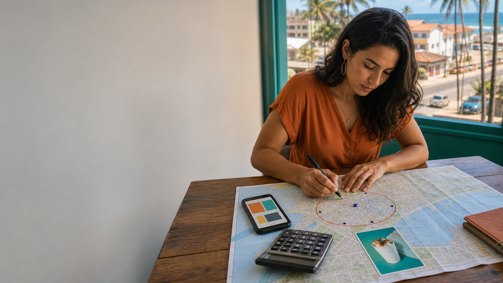 Anúncios no Cambiju com segmentação local, mensagem e celular sobre um mapa de Itapoá
