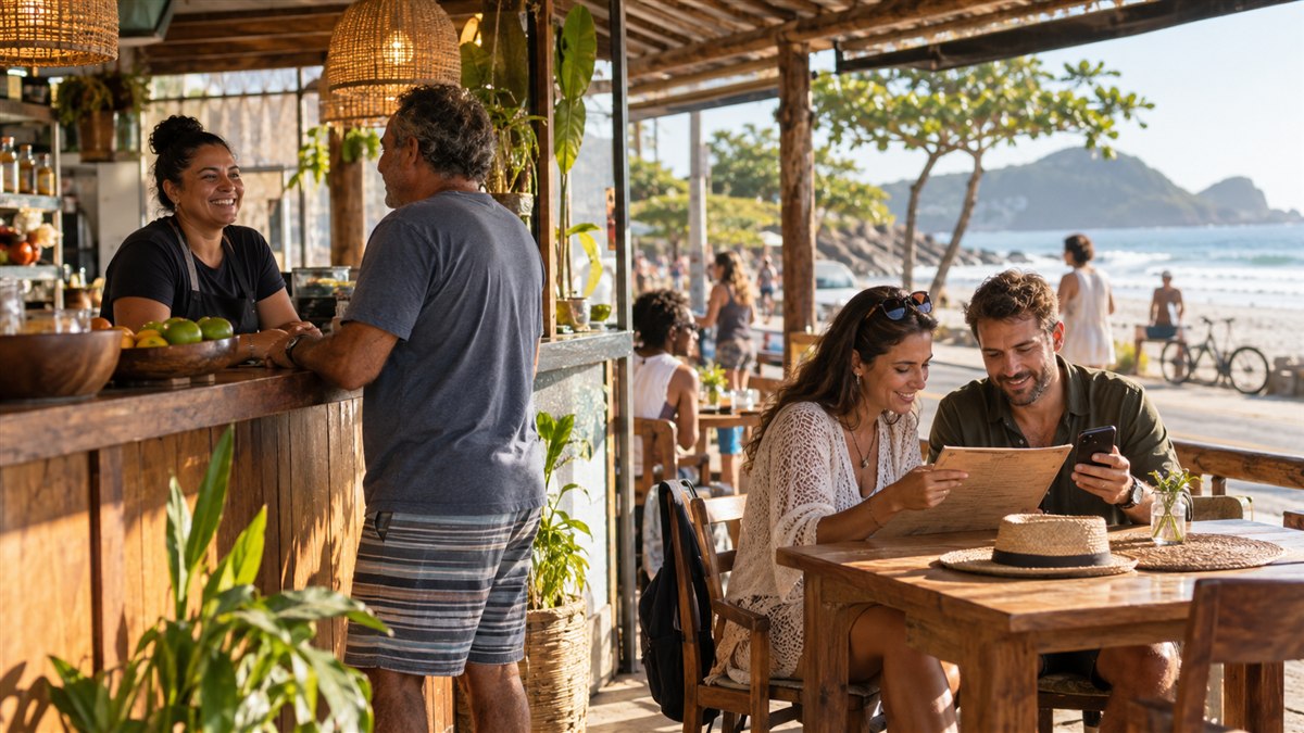 Cena editorial sobre como separar anúncios para moradores e turistas em um restaurante de itapoá em Itapoá