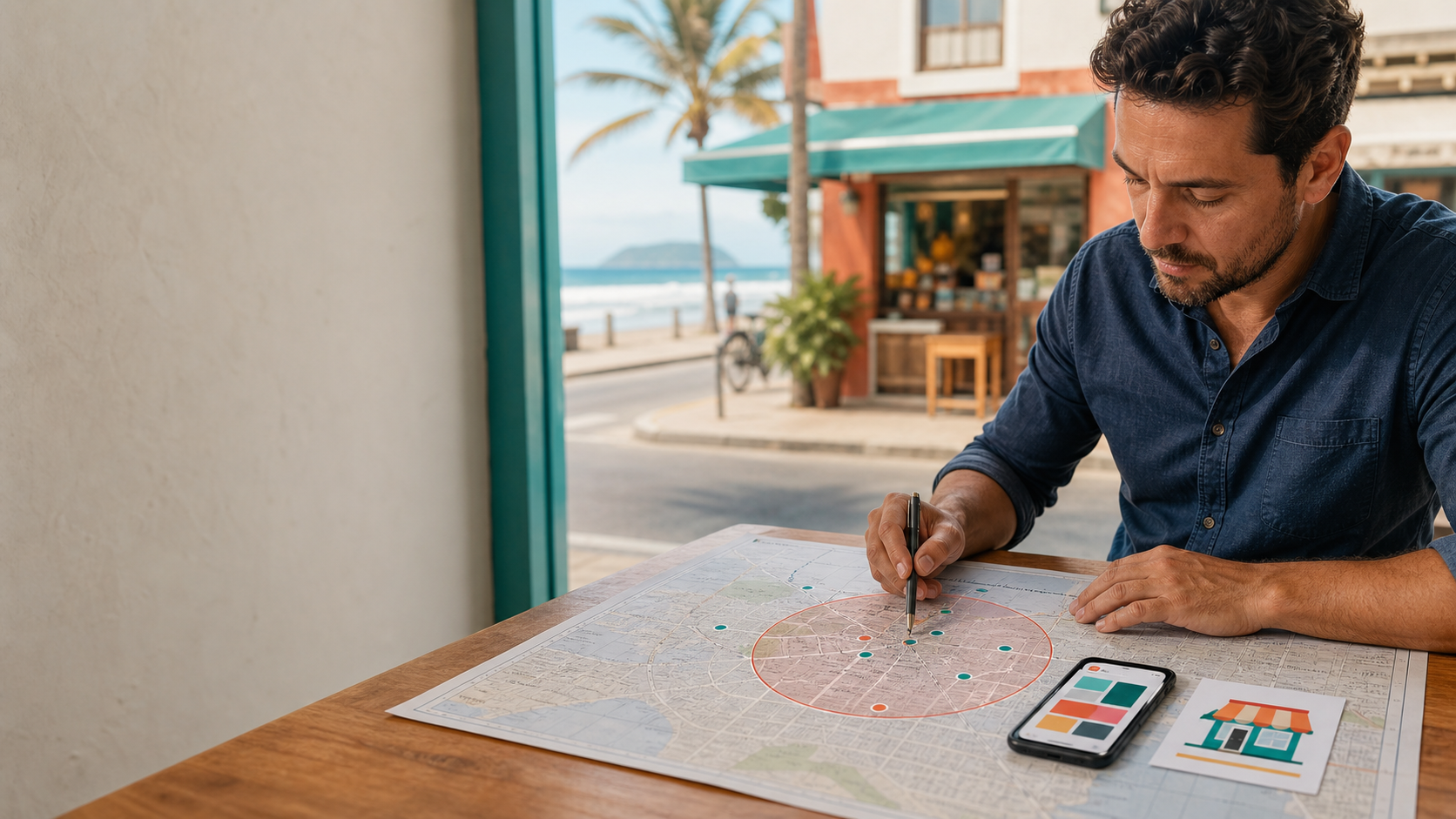 Anúncios pagos no Centro de Itapoá planejados com mapa, público e mensagem de campanha