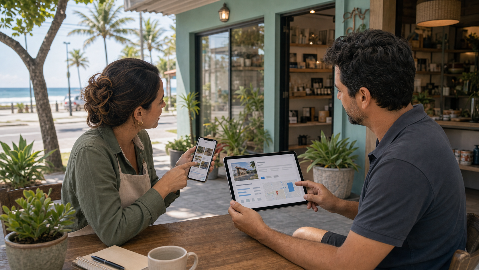 Profissional e cliente conversando sobre aparecer no Google sem site em Itapoá em ambiente litorâneo