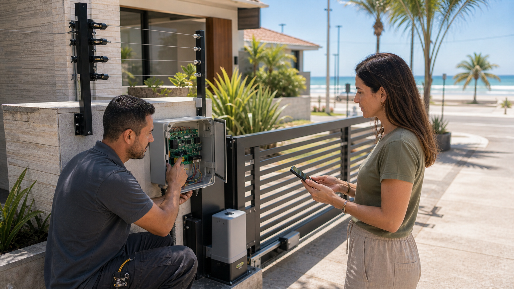 Profissional e cliente conversando sobre automação residencial em Itapoá em ambiente litorâneo