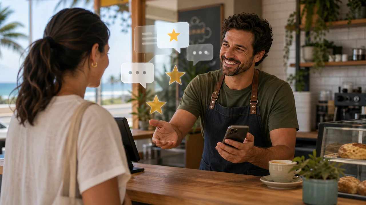 Cartões de avaliações positivas ligados a uma empresa local em Itapoá