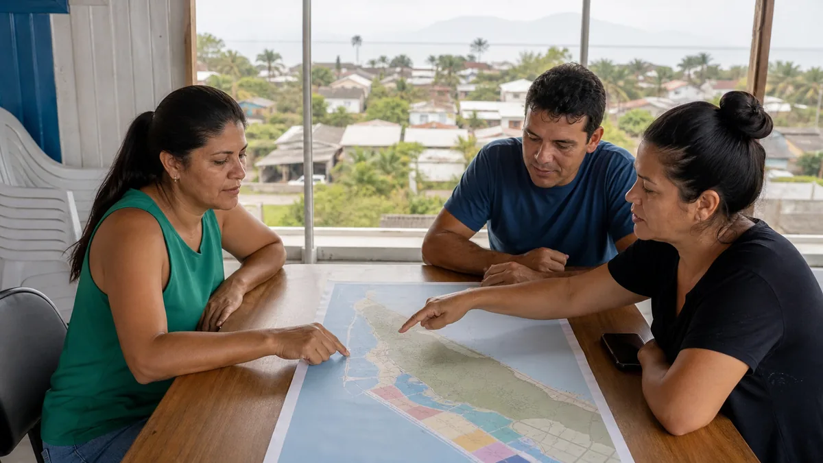 Moradores comparam regiões de Itapoá em um mapa sobre uma mesa
