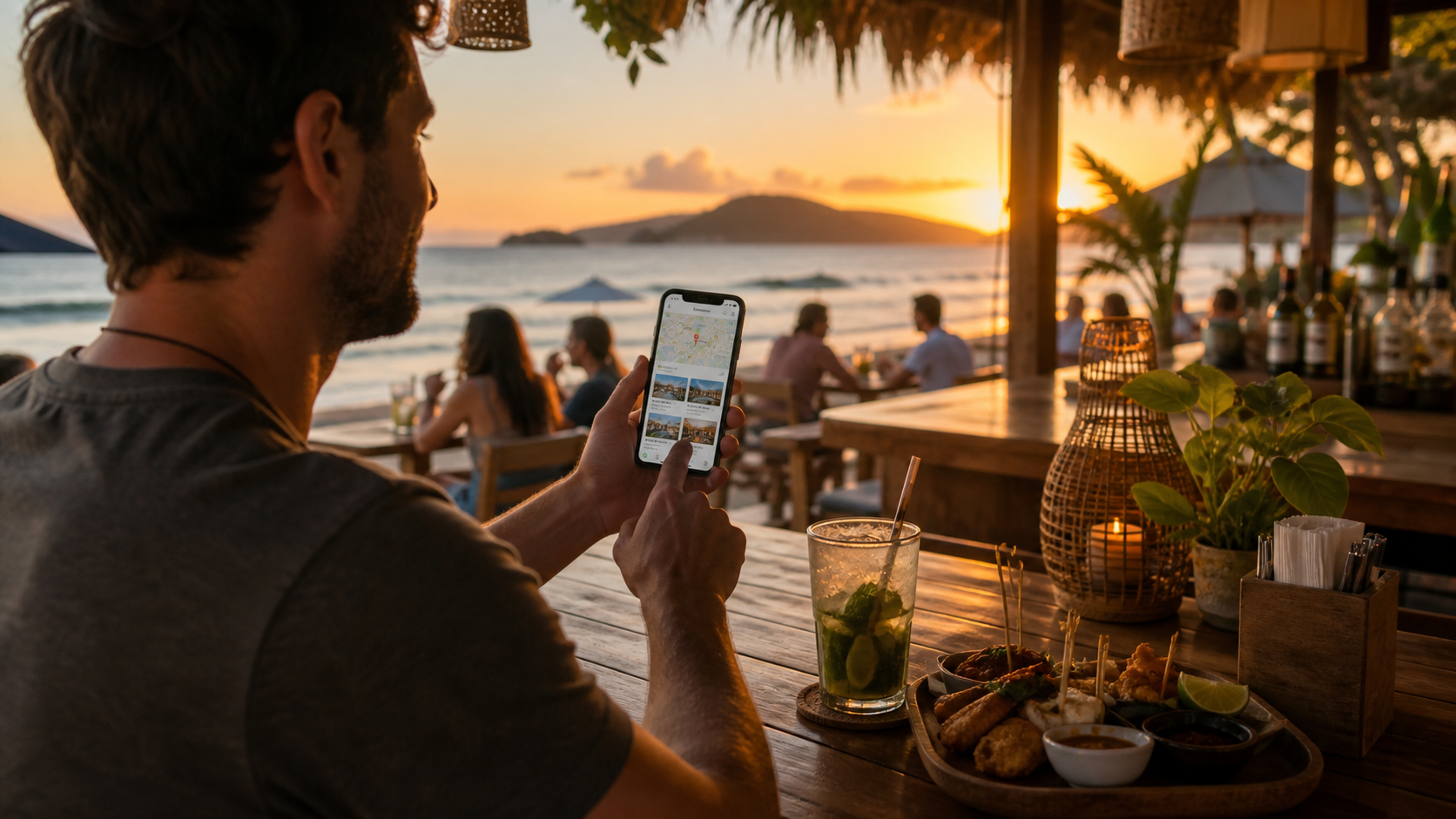 Bar em Itapoá sendo encontrado por turista no horário do pôr do sol