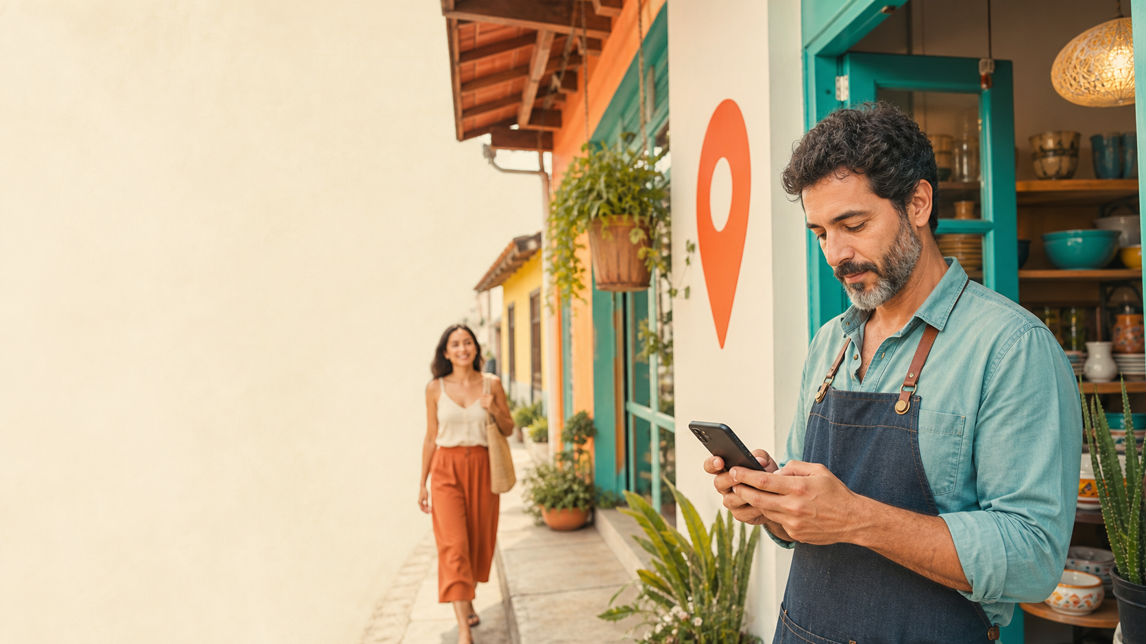 Dono de uma empresa do Brasília verificando o perfil local no celular