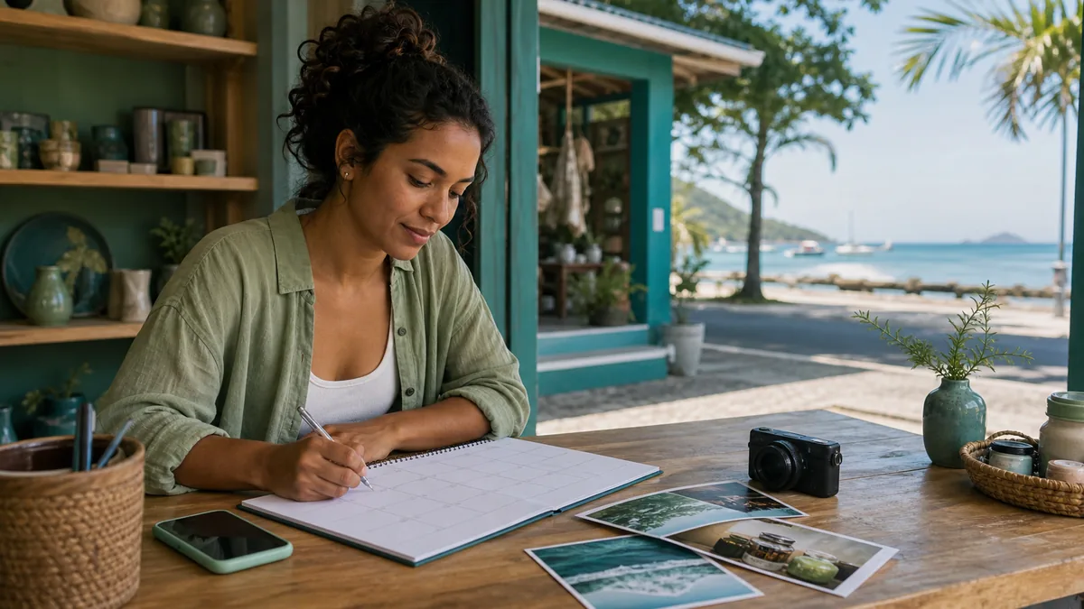 Calendário de 30 dias de conteúdo para negócio local em Itapoá sobre mesa com celular