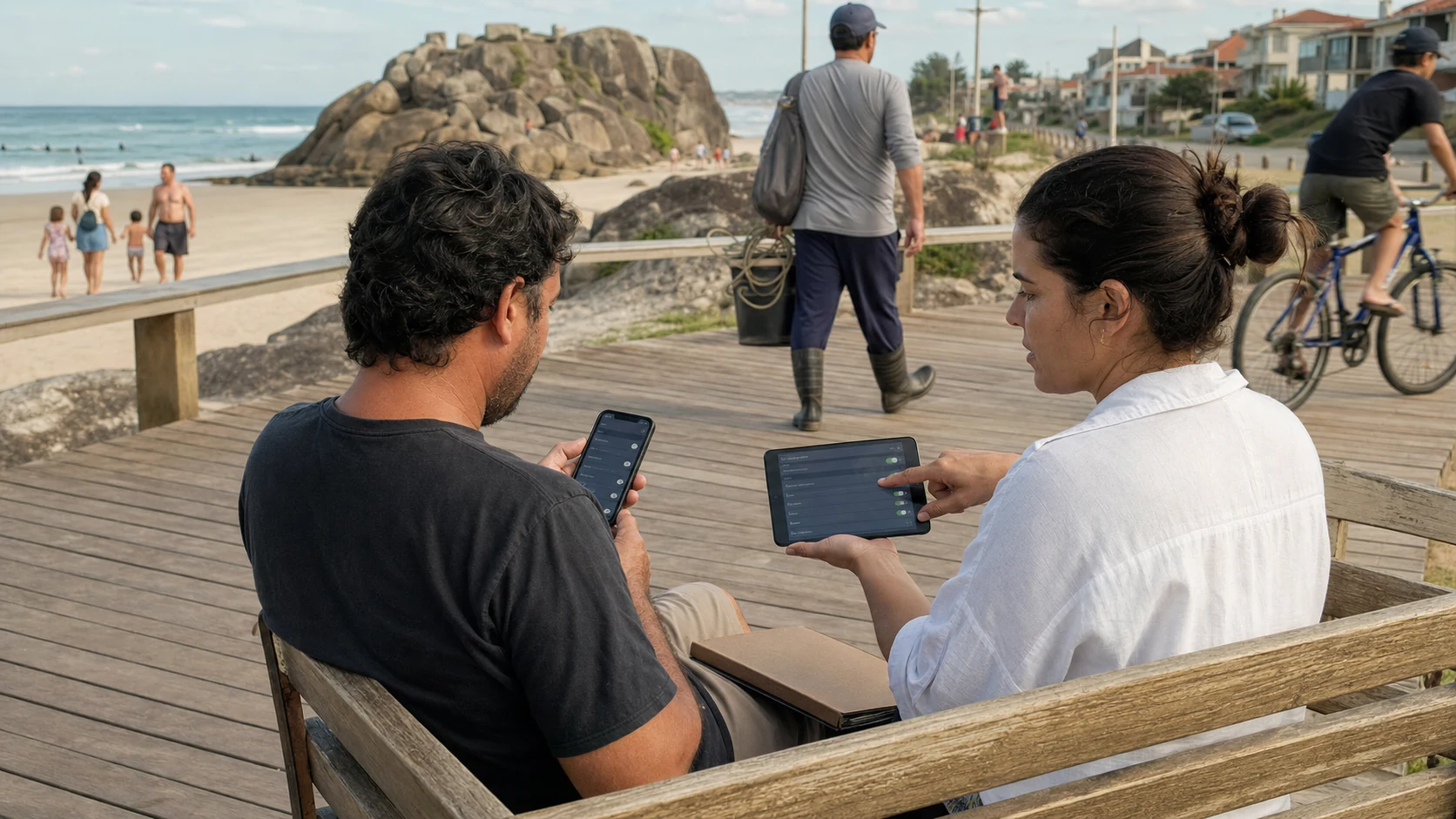 Empresário e consultora revisam acessos digitais no deck da praia em Itapoá