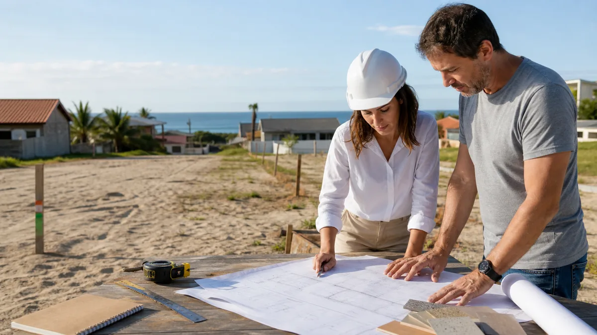 Arquiteta e proprietário avaliam projeto residencial em terreno de Itapoá