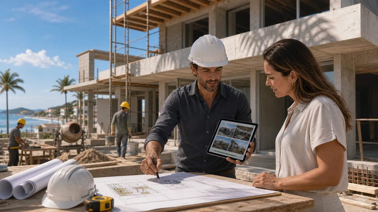 Obra residencial em Itapoá apresentada com mapa de regiões e materiais de confiança