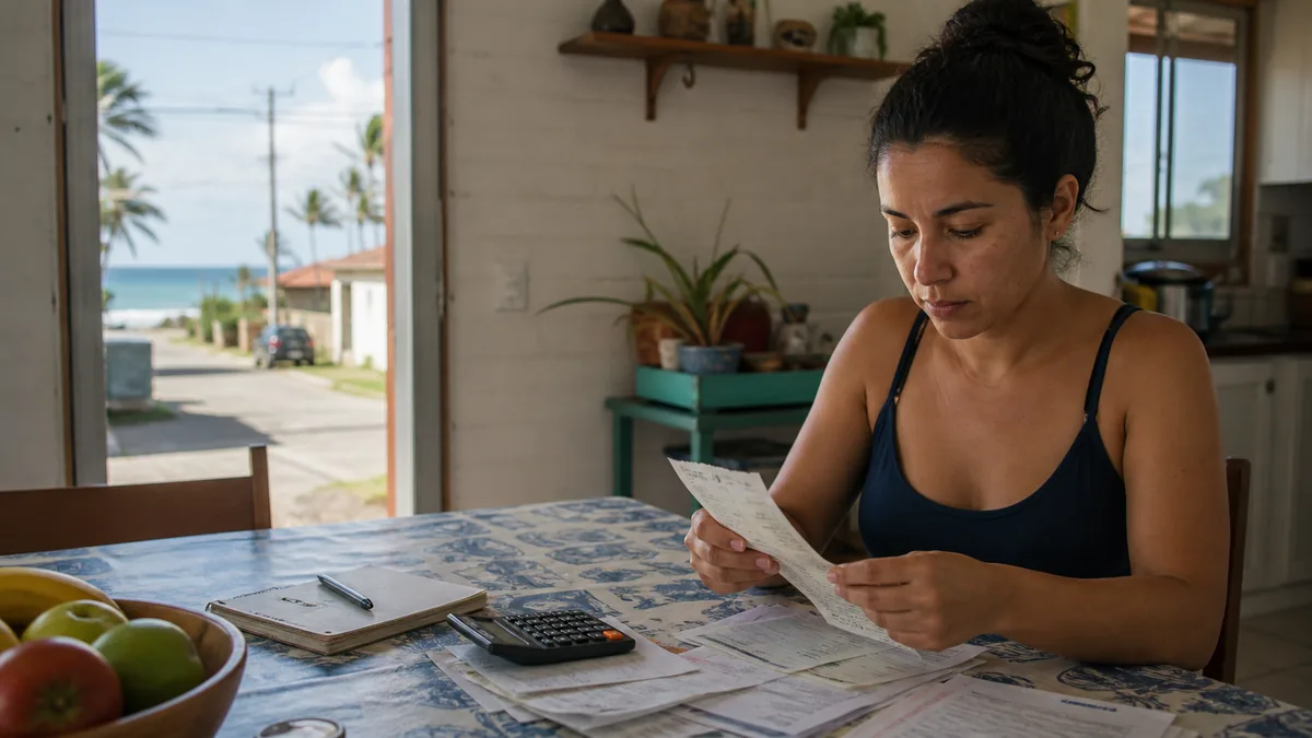 Moradora organiza despesas domésticas em uma casa de Itapoá