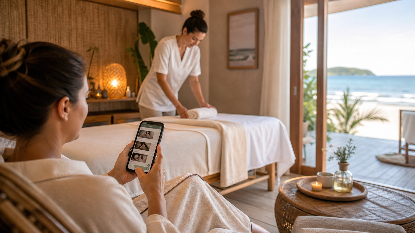 Day spa em Itapoá mostrando experiência de relaxamento e agendamento pelo WhatsApp