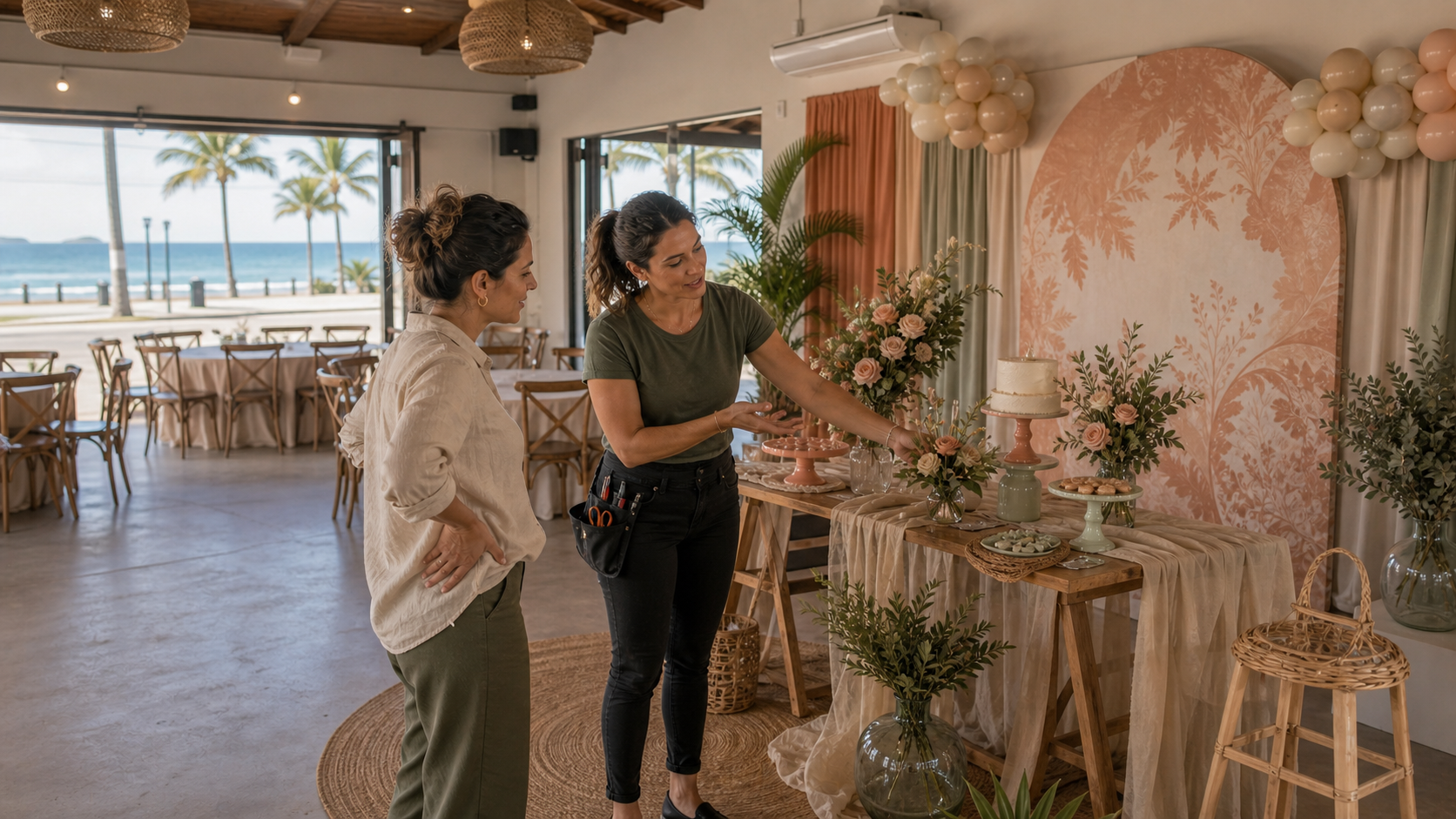 Profissional e cliente conversando sobre decoração de festas em Itapoá em ambiente litorâneo