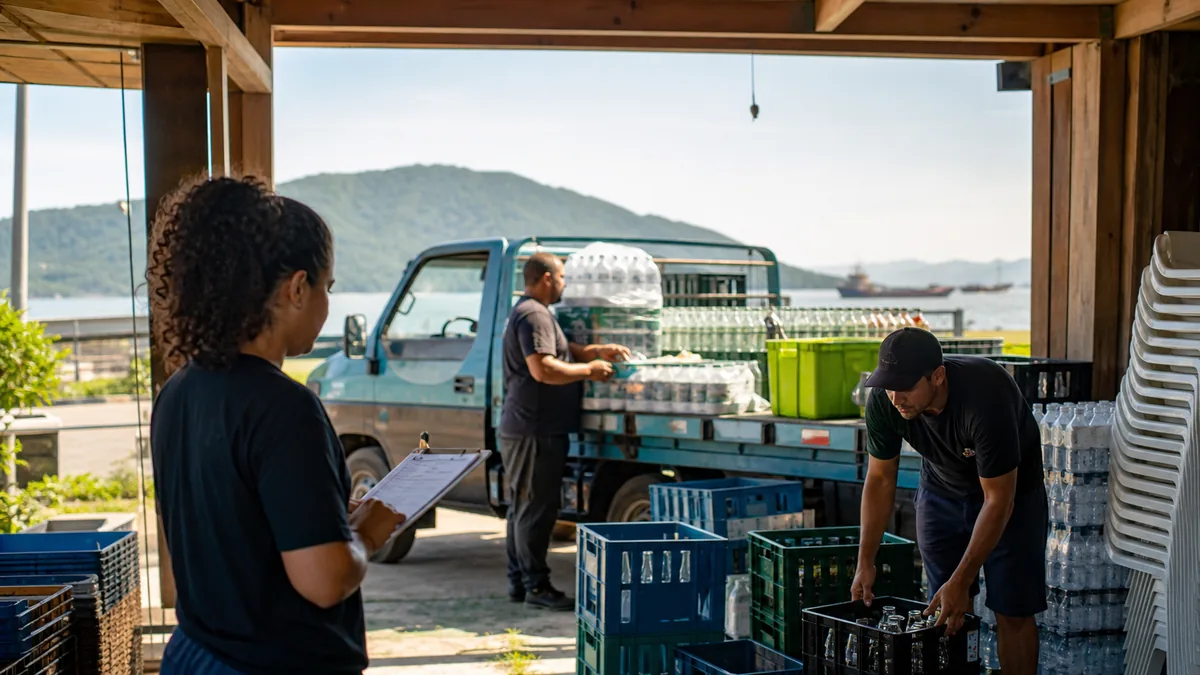 Distribuidora em Itapoá separando pedidos para comércio e entrega local com atendimento digital