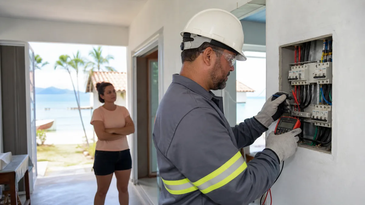 Eletricista inspeciona quadro residencial em casa de Itapoá