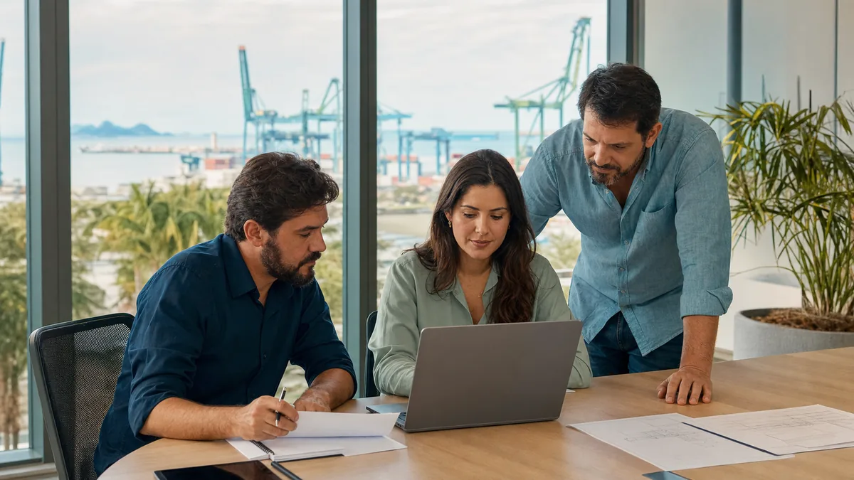 Profissionais em Itapoá analisando proposta B2B com porto ao fundo e notebook sem marcas