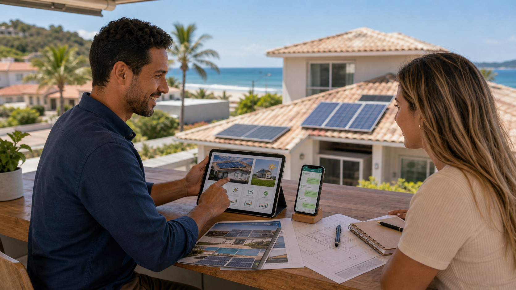 Energia solar em Itapoá com consultor mostrando projeto residencial