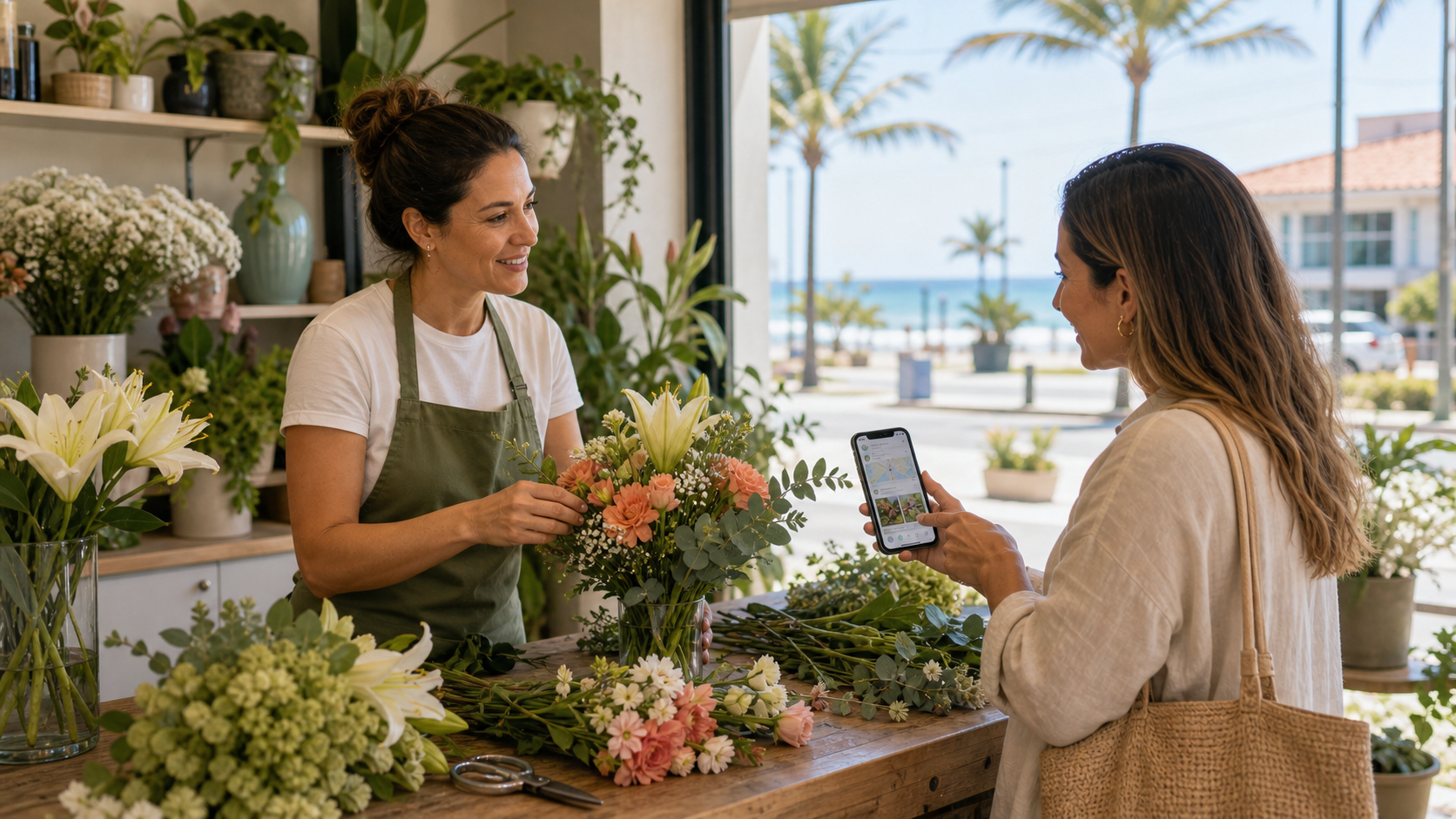 Floricultura em Itapoá preparando arranjo com atendimento pelo WhatsApp
