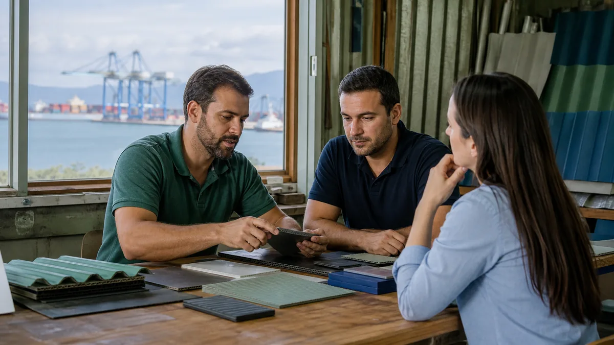 Fornecedor B2B em Itapoá apresentando catálogo de serviços em reunião próxima ao polo portuário