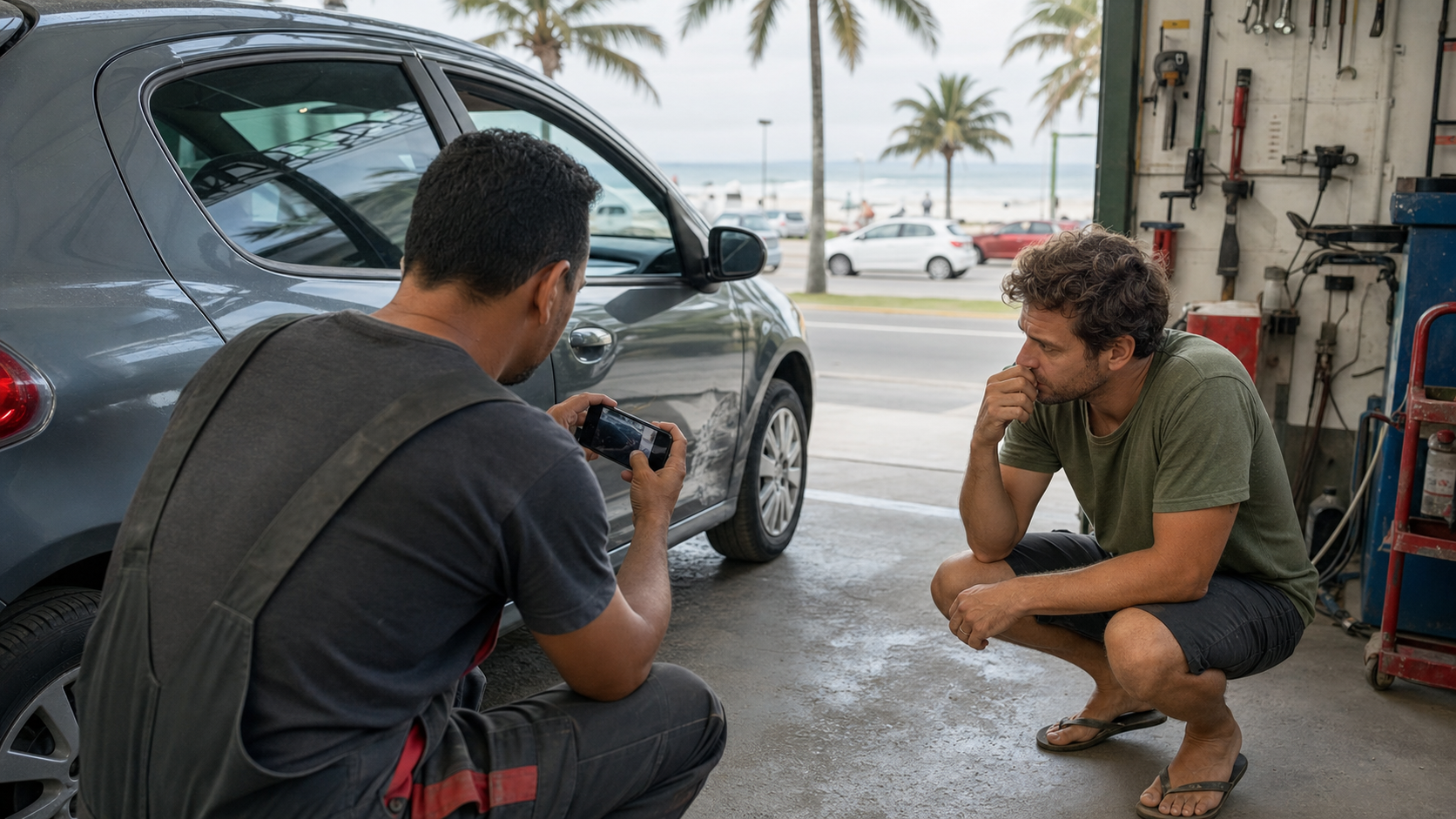 Profissional e cliente conversando sobre funilaria e pintura automotiva em Itapoá em ambiente litorâneo