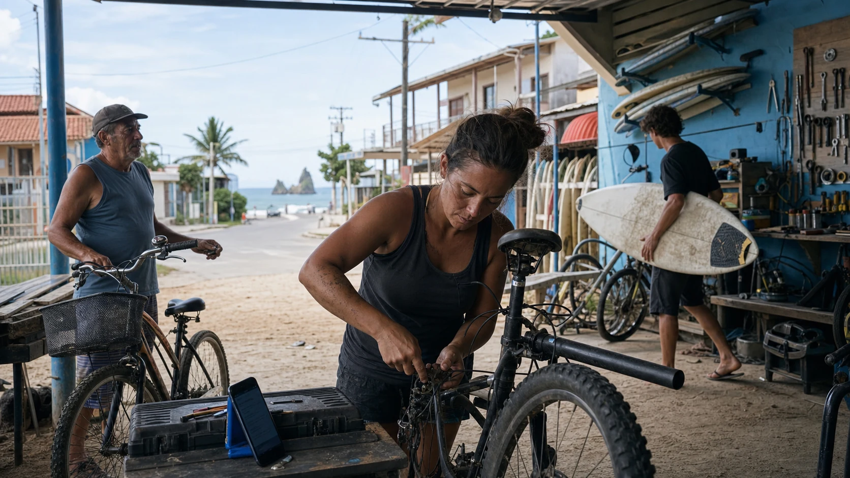 Dona de oficina de bicicletas em Itapoá trabalha enquanto acompanha contato digital