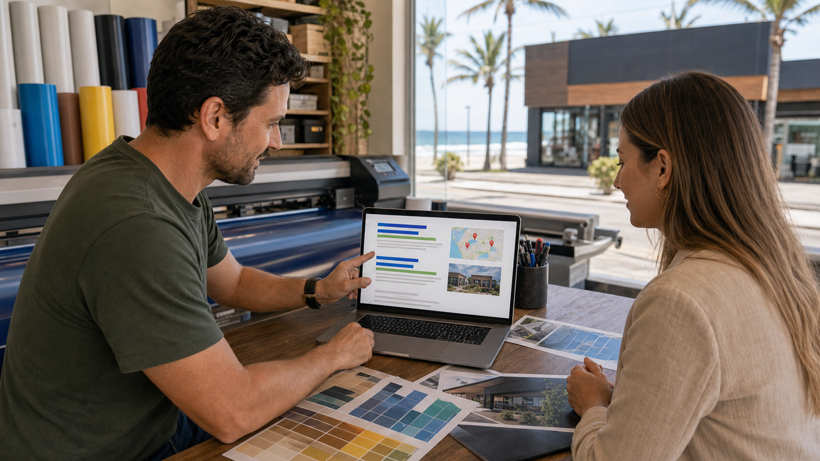 Google Ads em Itapoá com busca local, anúncios e mapa no notebook