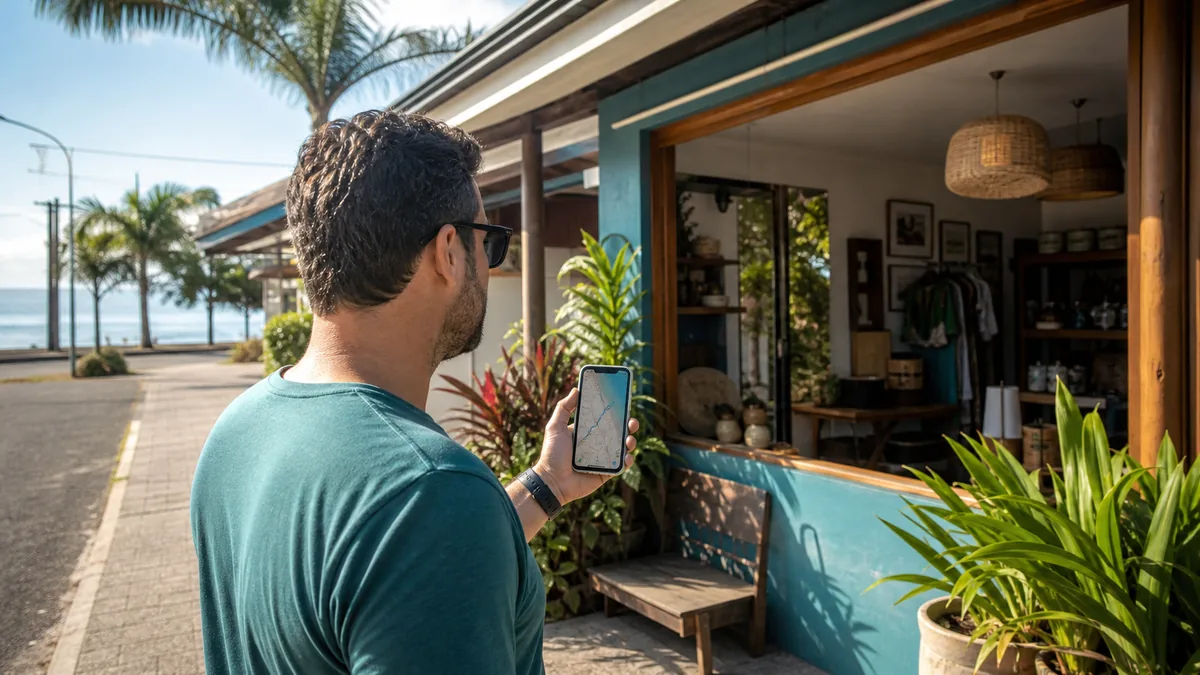 Mapa de Itapoá aberto em celular com rota até empresa local e fotos da fachada