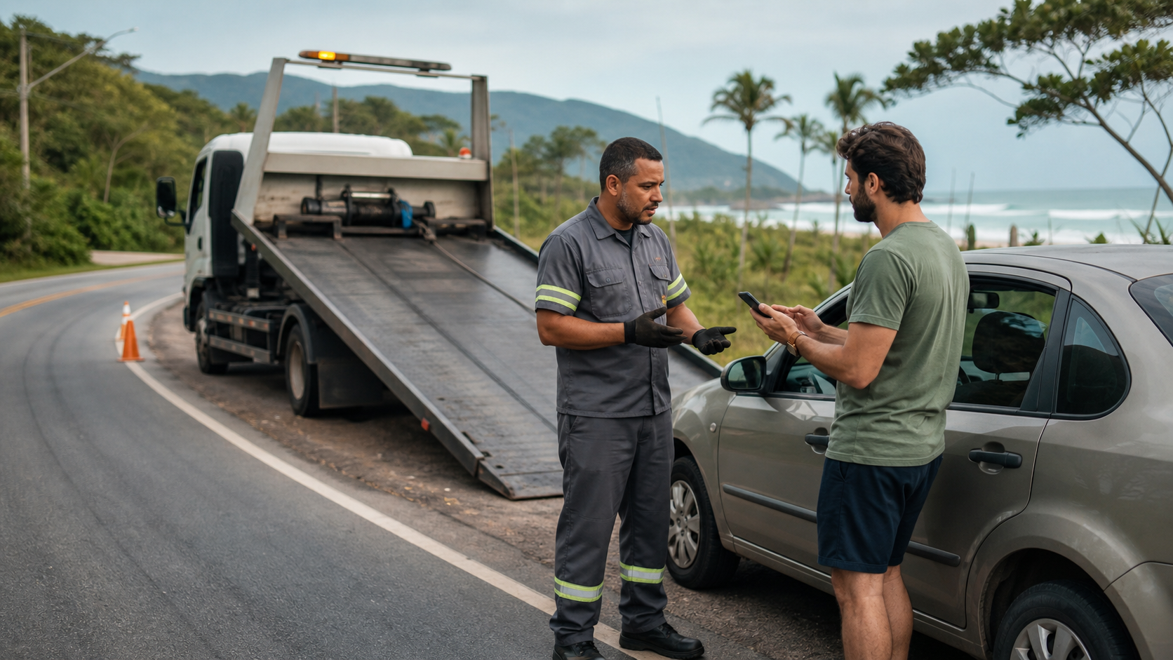 Profissional e cliente conversando sobre guincho e reboque em Itapoá em ambiente litorâneo