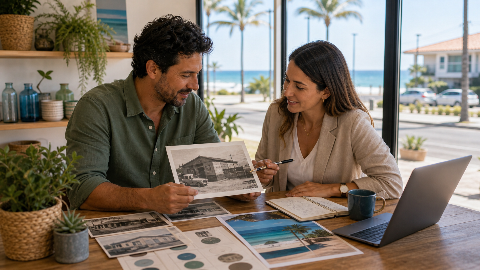 Empresário de Itapoá contando a história da empresa com fotos e materiais reais