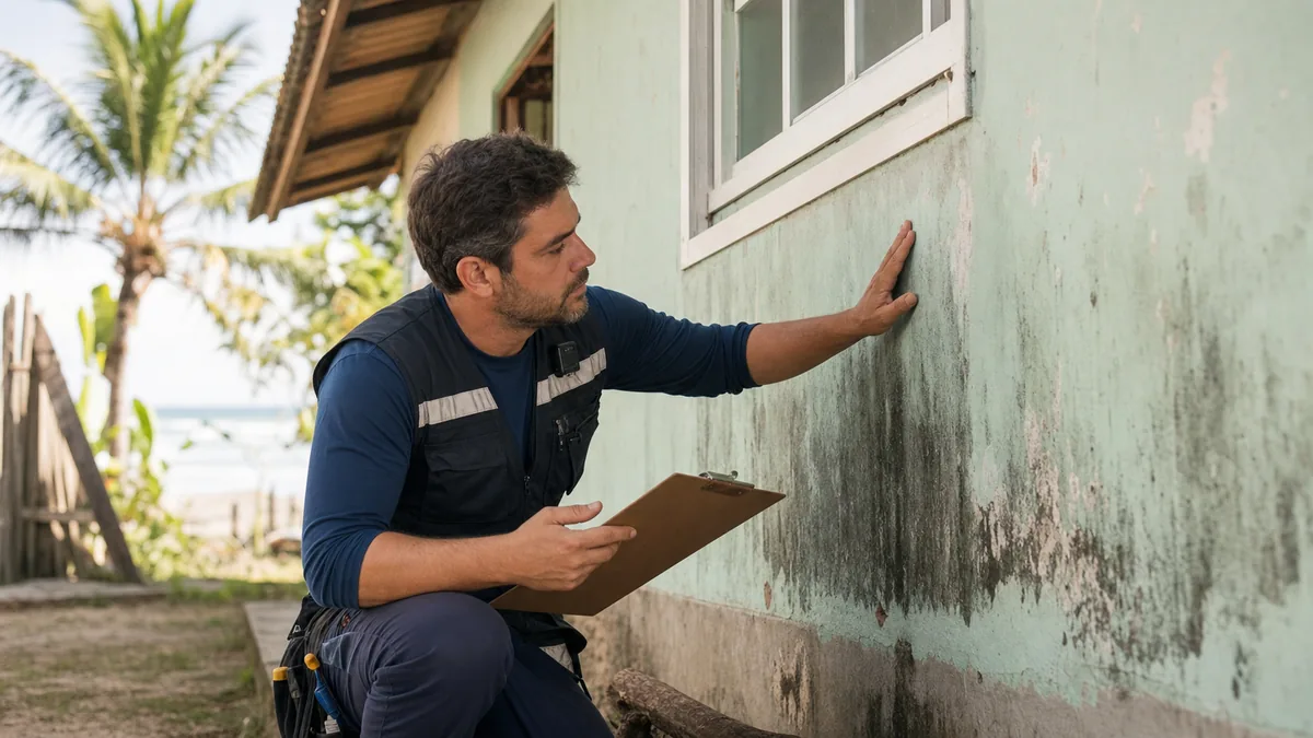 Profissional em Itapoá avaliando reparo contra umidade em casa litorânea