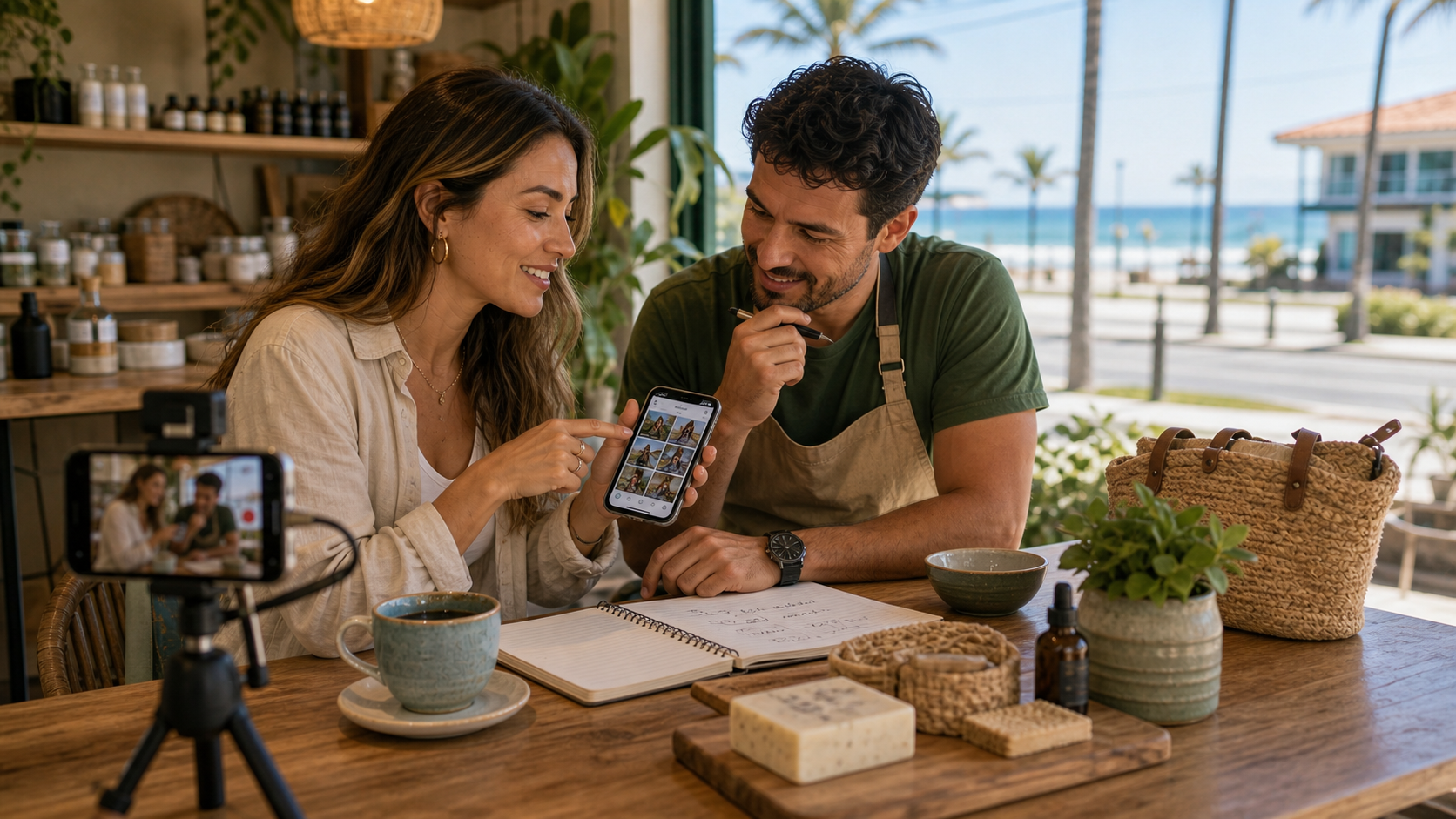 Parceria entre negócio e influenciador local em Itapoá planejando conteúdo com resultado