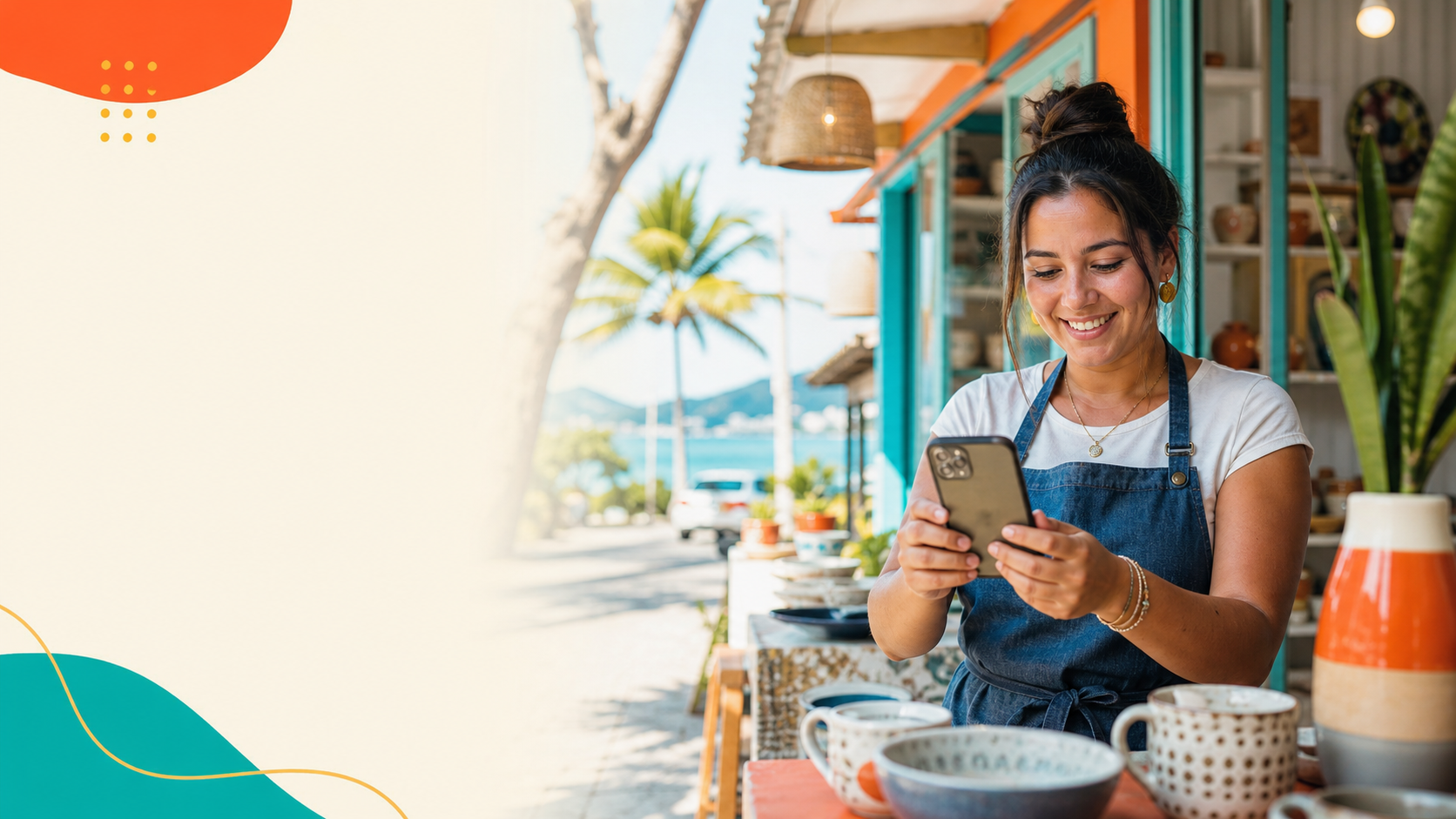 Empreendedora criando conteúdo de Instagram para um negócio local em Itapoá