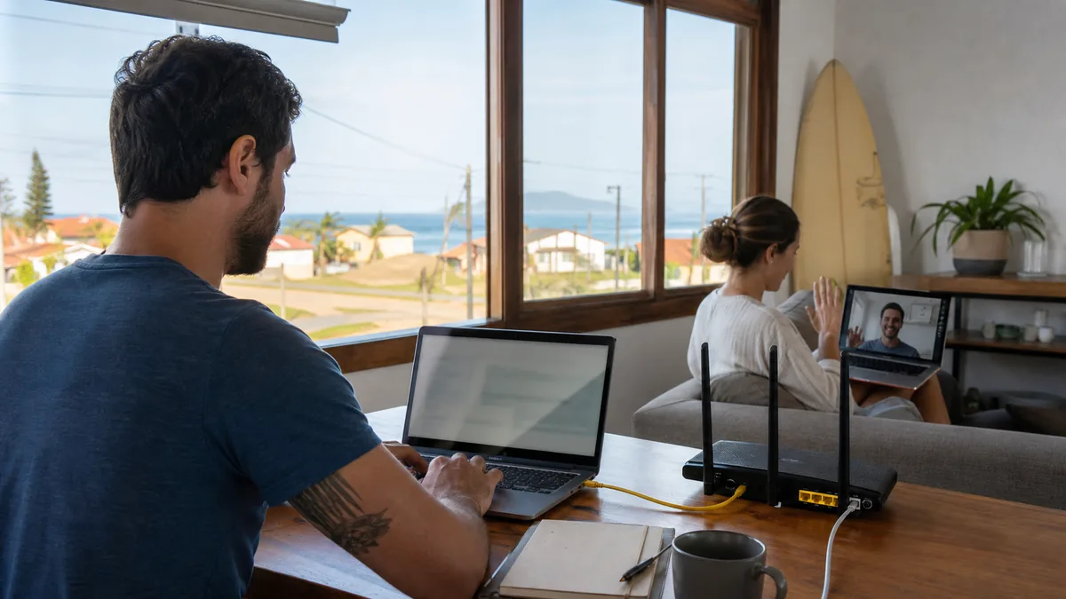 Morador testa internet em notebook numa casa próxima à praia em Itapoá