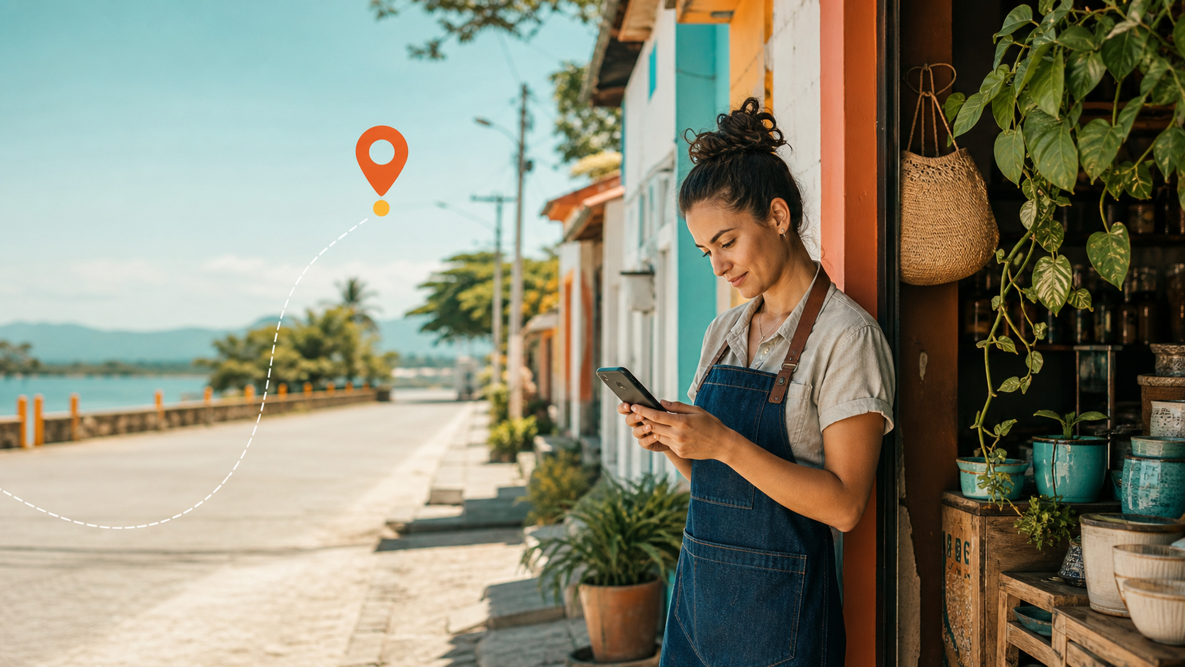 Comerciante consultando no celular a localização de uma loja em Itapema do Norte