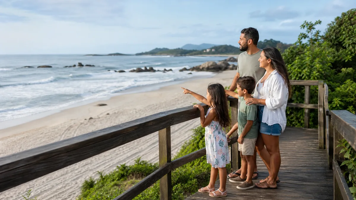 Família com crianças caminhando com segurança na orla de Itapoá