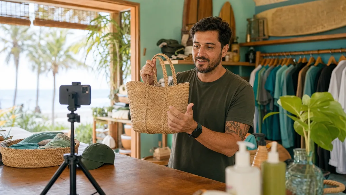 Comerciante em Itapoá preparando live simples com celular e produtos reais