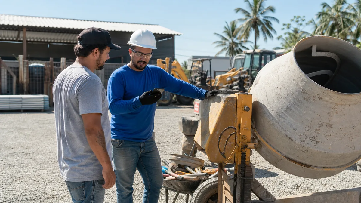 Equipamentos de construção para locação em Itapoá com equipe conferindo pedido de obra