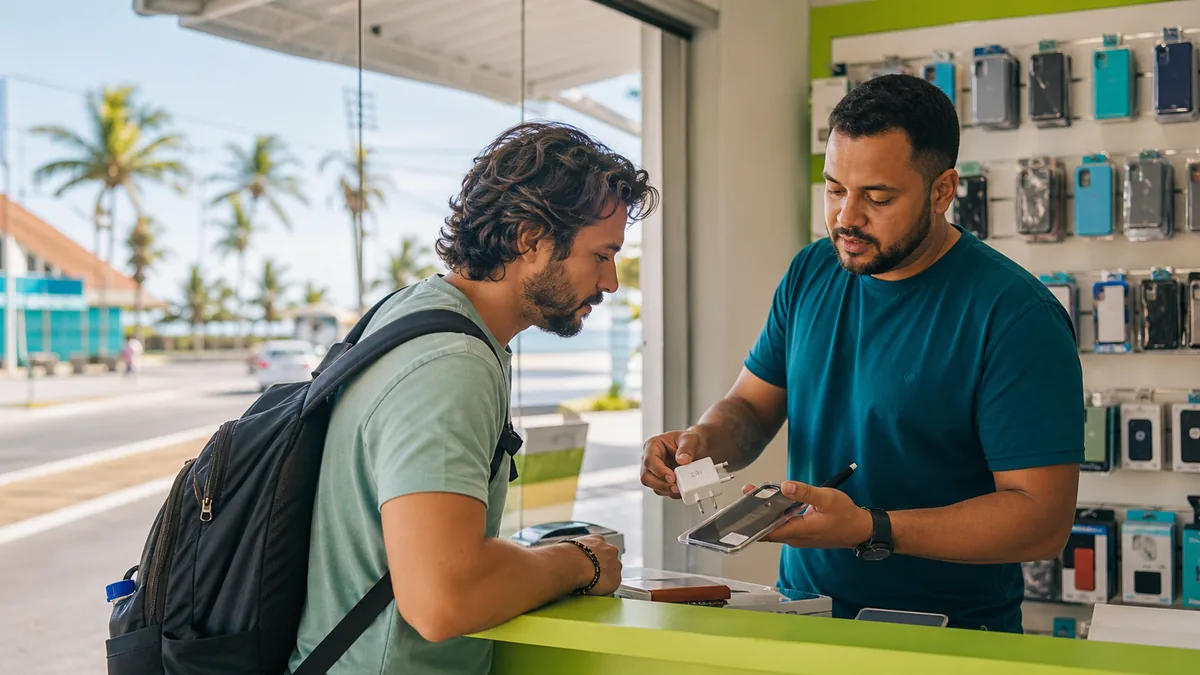 Loja de celulares em Itapoá mostrando acessórios e atendimento no celular perto da praia