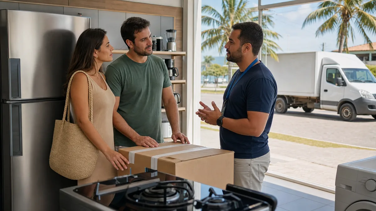 Loja de eletrodomésticos em Itapoá orientando casal sobre produtos para casa perto do litoral