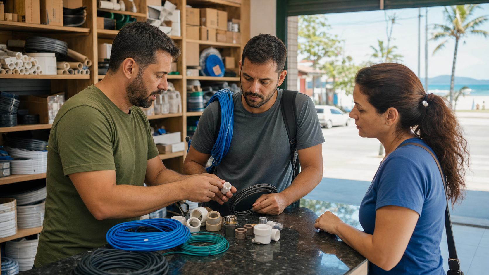 Profissional e cliente conversando sobre materiais elétricos e hidráulicos em Itapoá em ambiente litorâneo