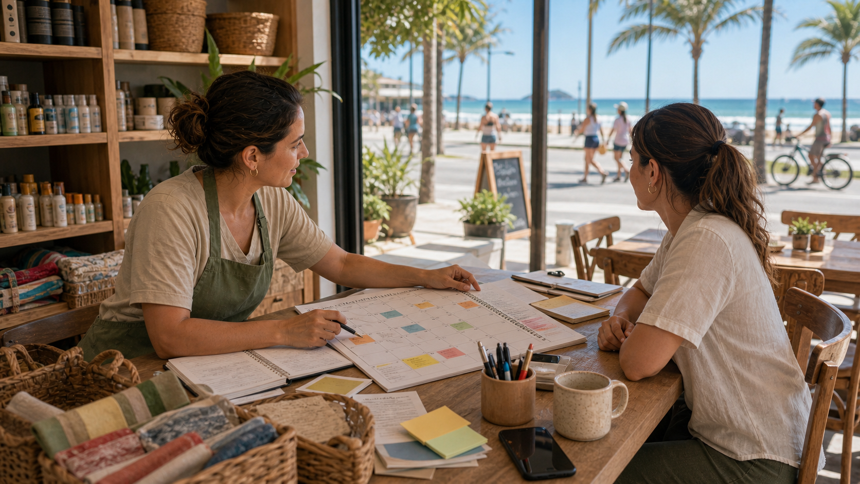 Profissional e cliente conversando sobre melhor época para visitar Itapoá em ambiente litorâneo