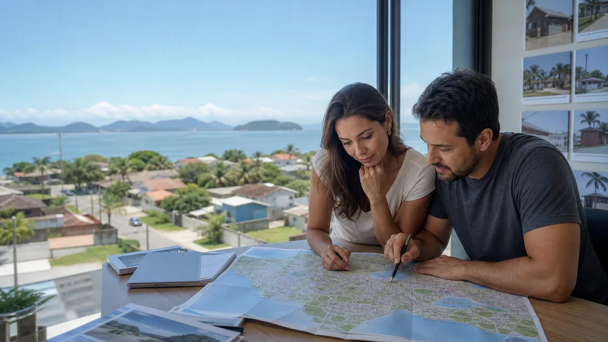 Casal analisa um mapa e imóveis residenciais próximos à orla de Itapoá