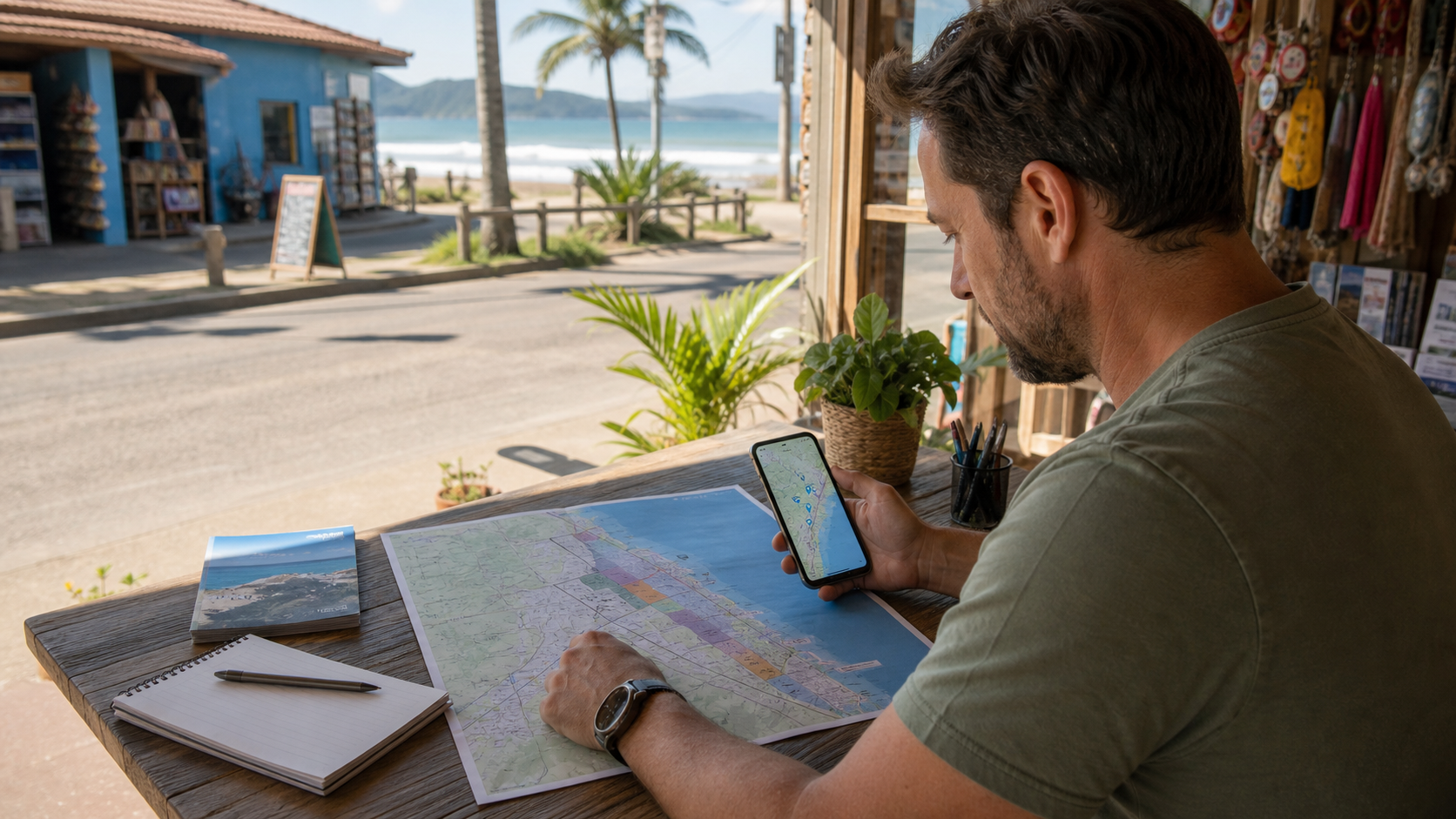 Mapa local com negócios por balneário em Itapoá organizados por praia