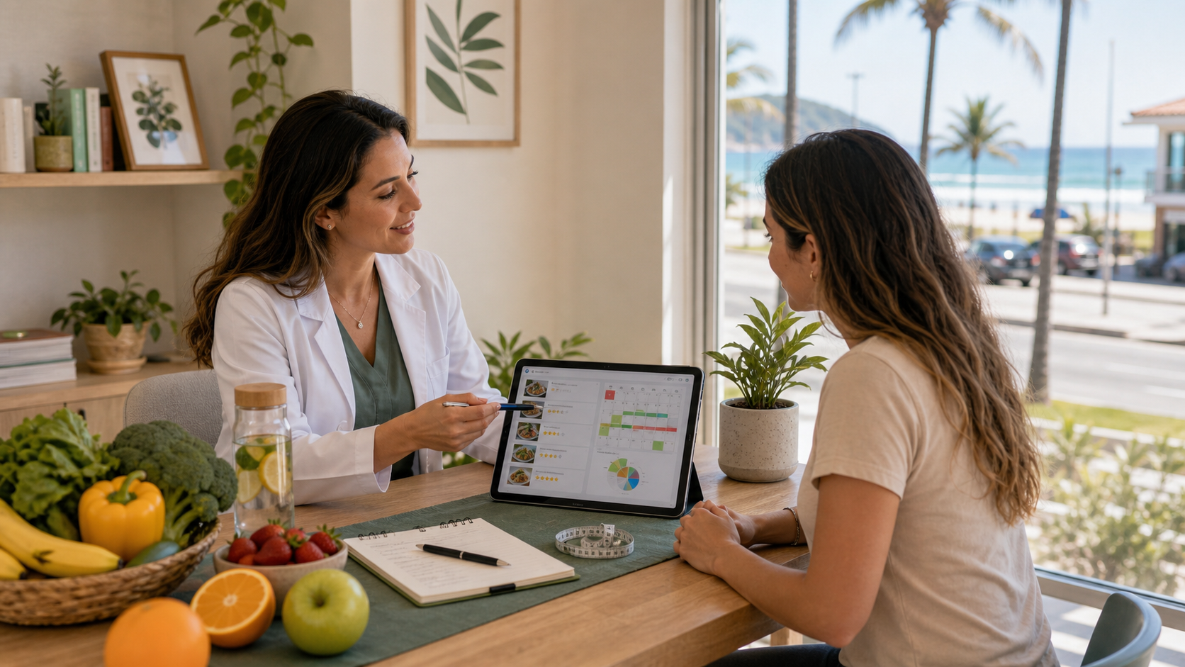Nutricionista em Itapoá explicando plano alimentar e agenda local