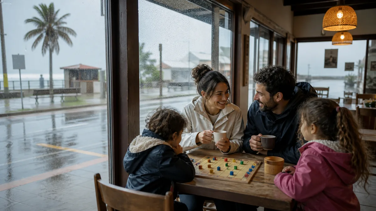 Família aproveita um café acolhedor em Itapoá durante um dia de chuva