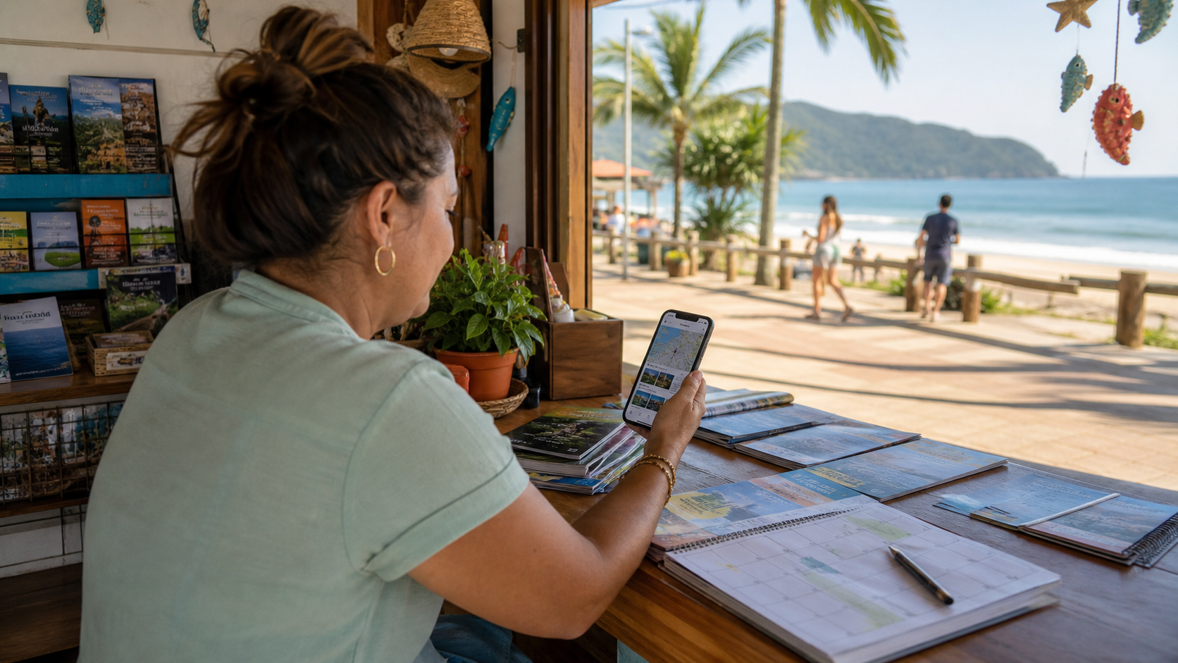 Turista pesquisando o que fazer em Itapoá antes de chegar à cidade
