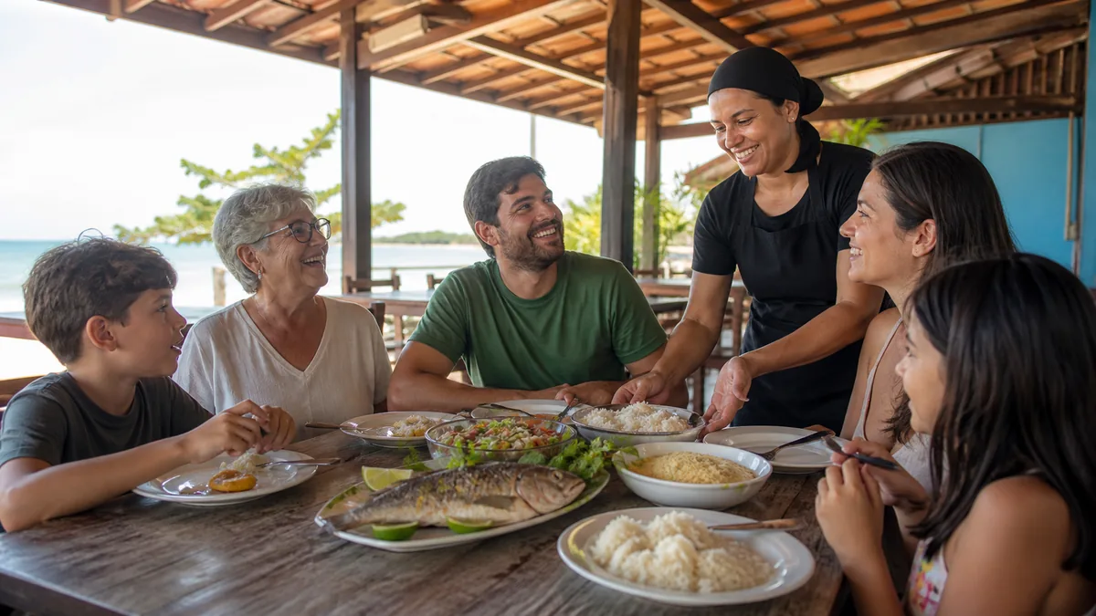 Família escolhe refeição em restaurante de ambiente litorâneo em Itapoá