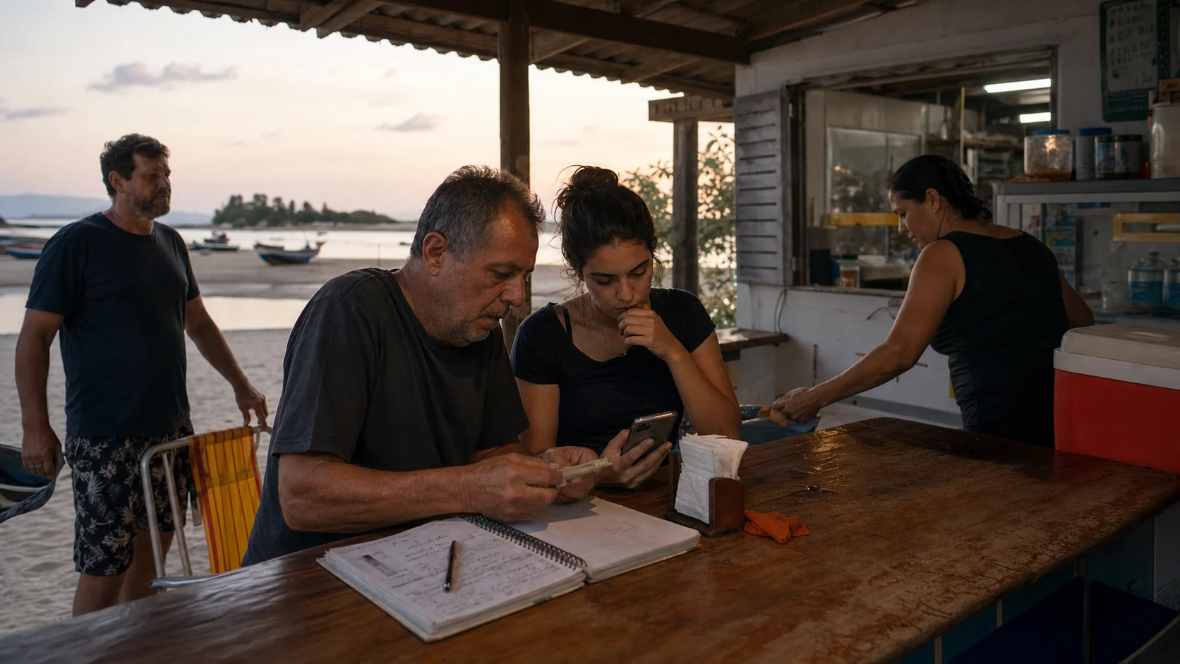 Família confere caixa e orçamento de anúncios em quiosque de Barra do Saí