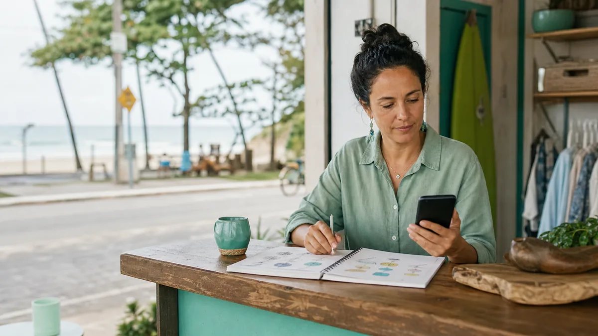 Empreendedora em Itapoá revisando perfil de rede social e ideias de conteúdo local