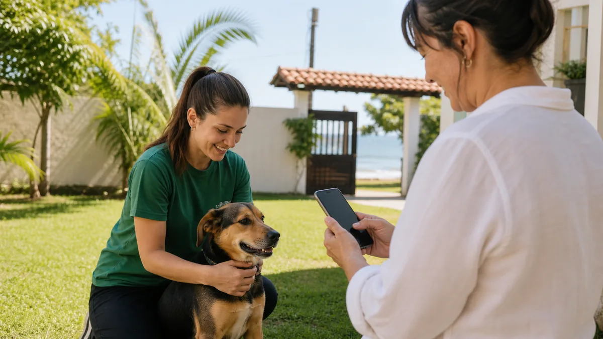 Pet sitter em Itapoá cuidando de cachorro em casa com agendamento no celular